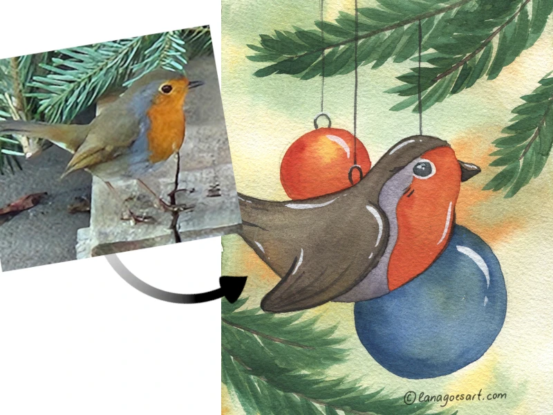 Picture shows the final watercolor painted from this tutorial and the photo of a robin that inspired it.