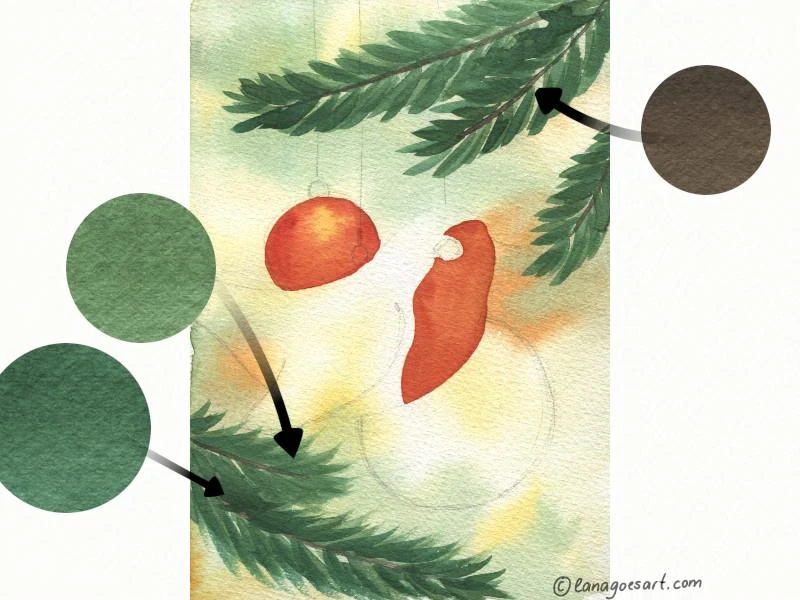 How to paint Christmas tree branches in watercolor.