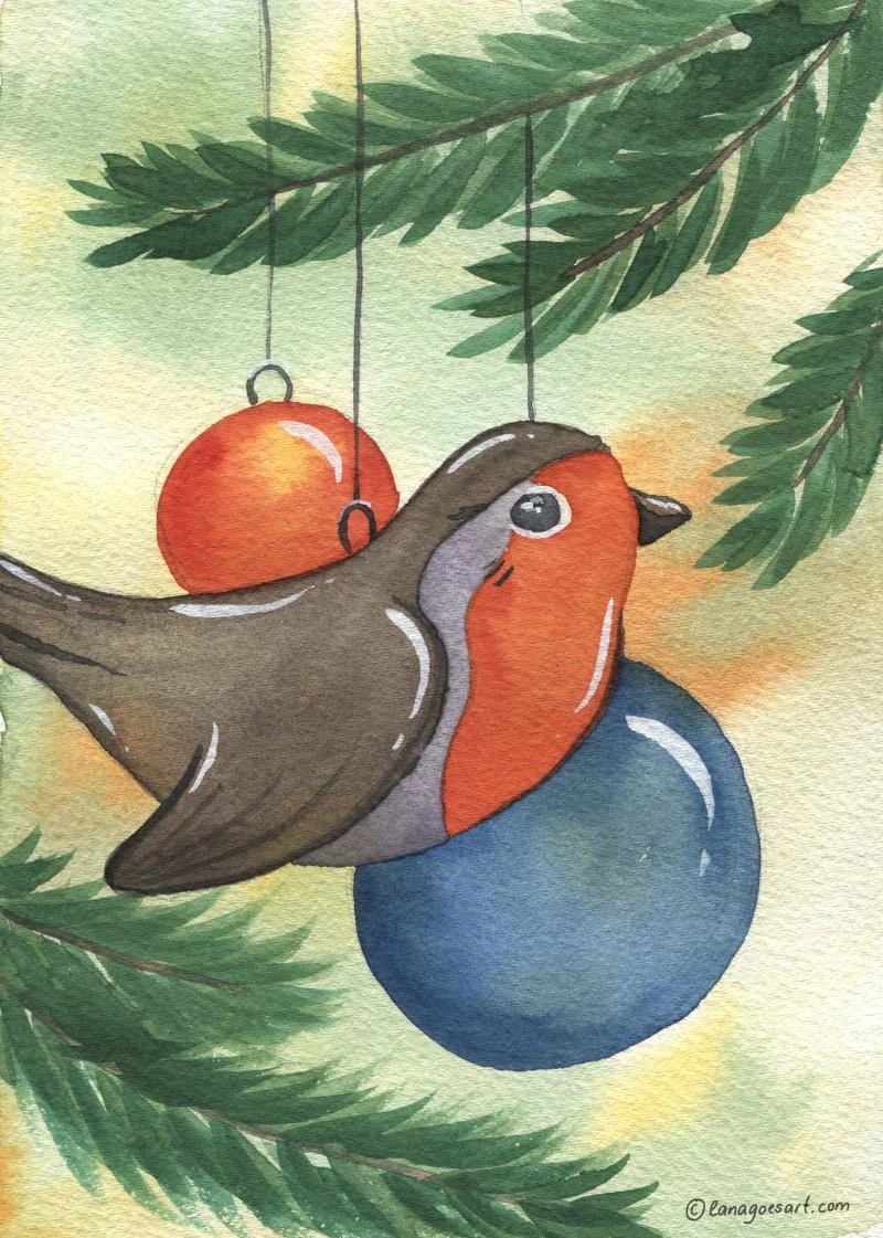 Das fertige Aquarell zeigt das Rotkehlchen und zwei Christbaumkugeln.