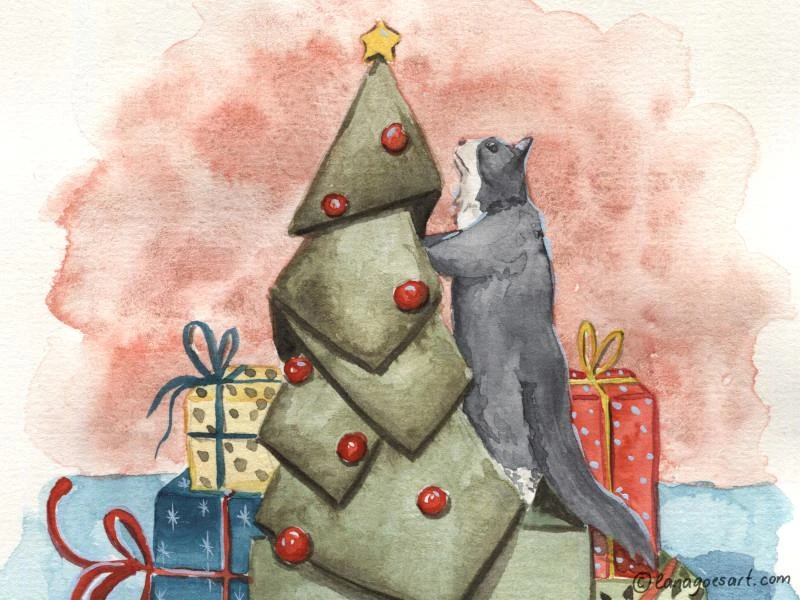 Frohe Weihnachten mit Katzen und Aquarell