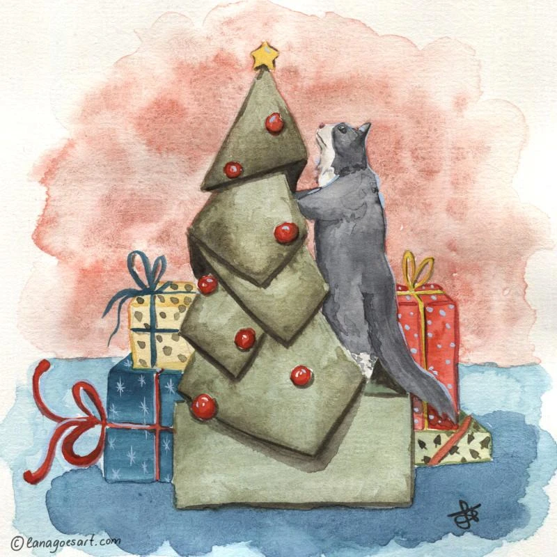 Watercolor illustration of a grey and white cat climbing a gree Christmas tree made of cardboard with many presents around it.