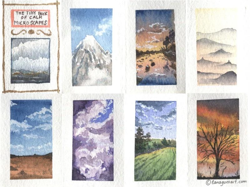 Eight small paintings showing different landscapes.