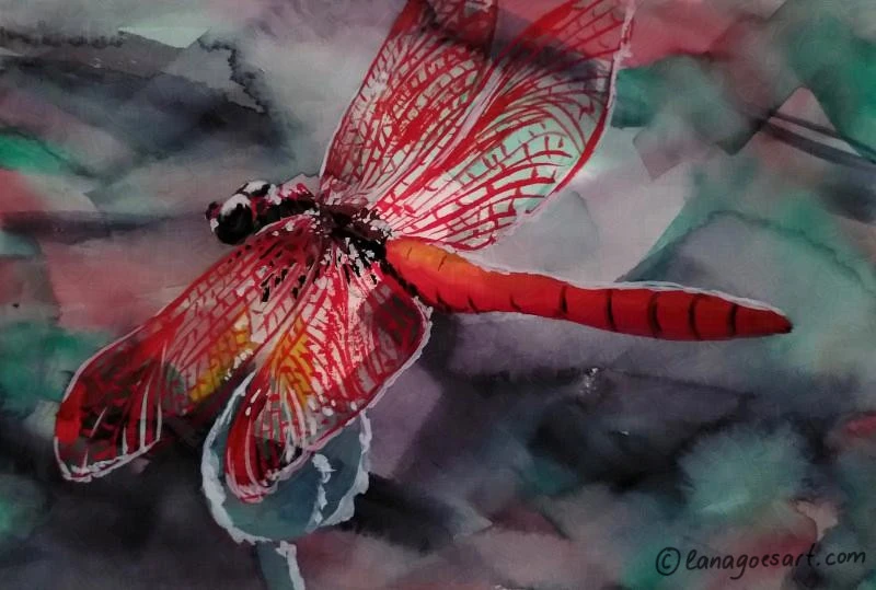 Watercolor painting with a red dragonfly in the center and loose painted background.