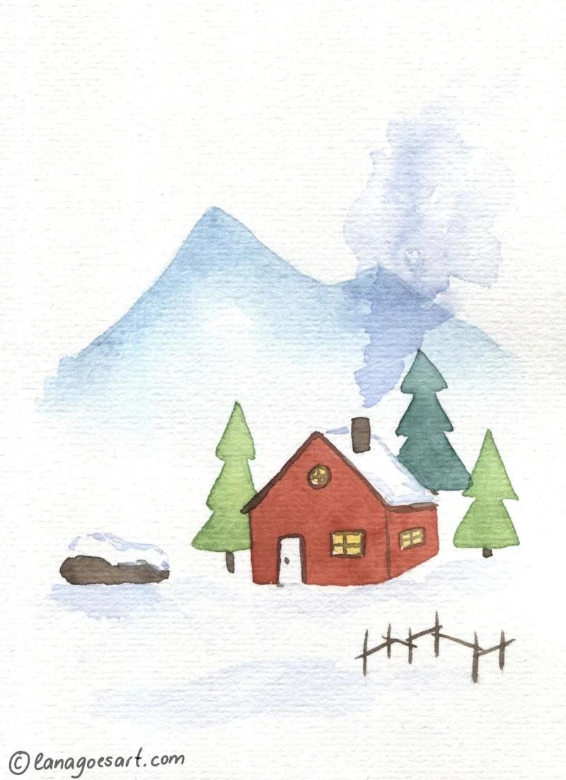 Finished cozy cute winter landscape in watercolor. It looks nice and clean with lots of empty space, yet very inviting.