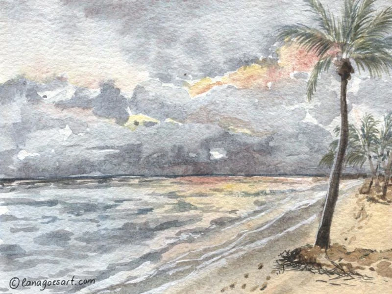 Beach sunset landscape in watercolor