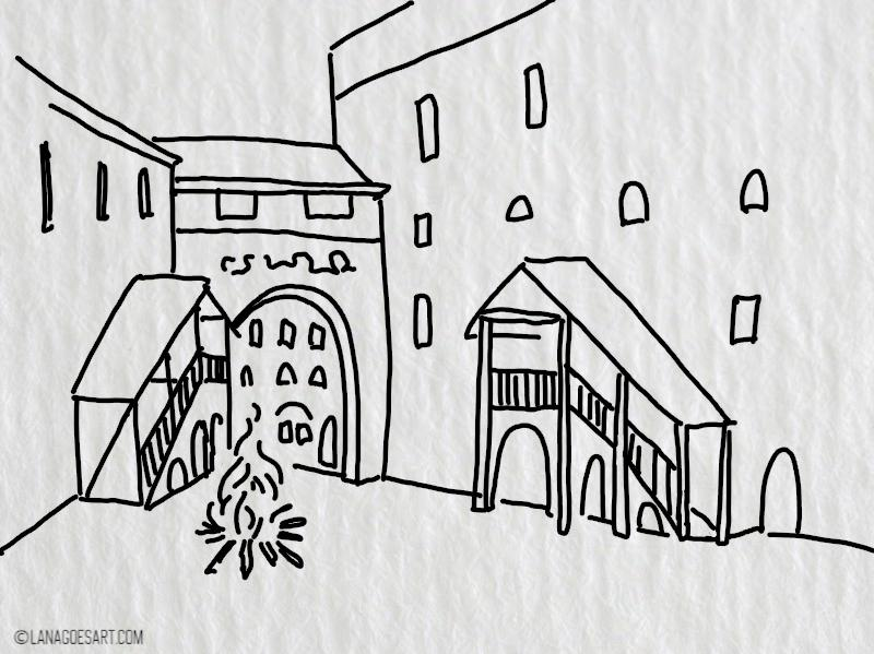 lineart watercolor painting tutorial castle at night