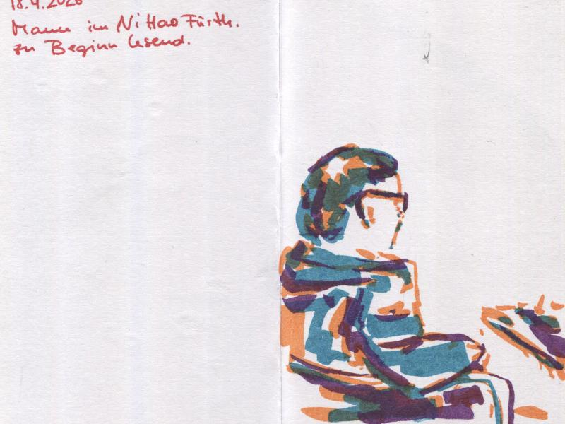 Spread in the sketchbook showing a man from the side, again sketched in the markers I used before in orange, turquoise and purple.